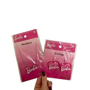 Barbie Classic Logo Necklace Earrings Womens Pink Glitter Heart Charm Spirit NEW